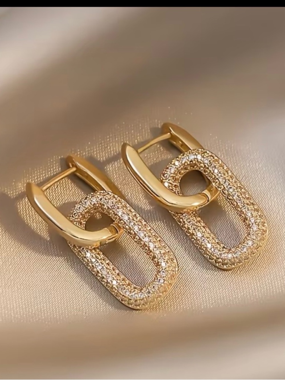 Gold Pavé Link Drop Earrings with Crystal Accents - Women Jewelry